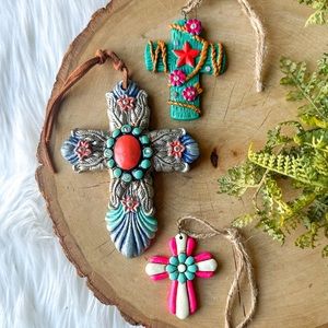 Set of 3 Handmade Large Clay Cross Pendant Decor Western Rhinestone Turquoise